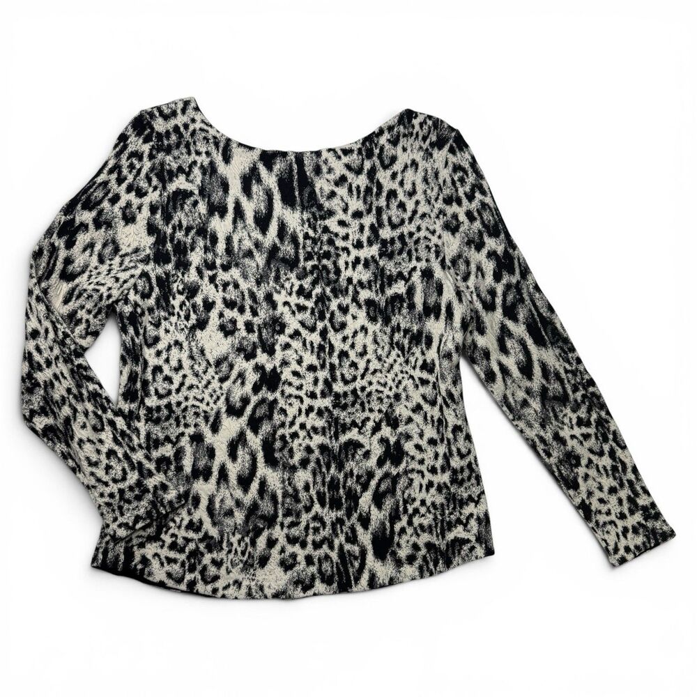 Chicos Size 2 L Leopard Print Knit Sweater Top Pullover Boat Neck Black Ivory